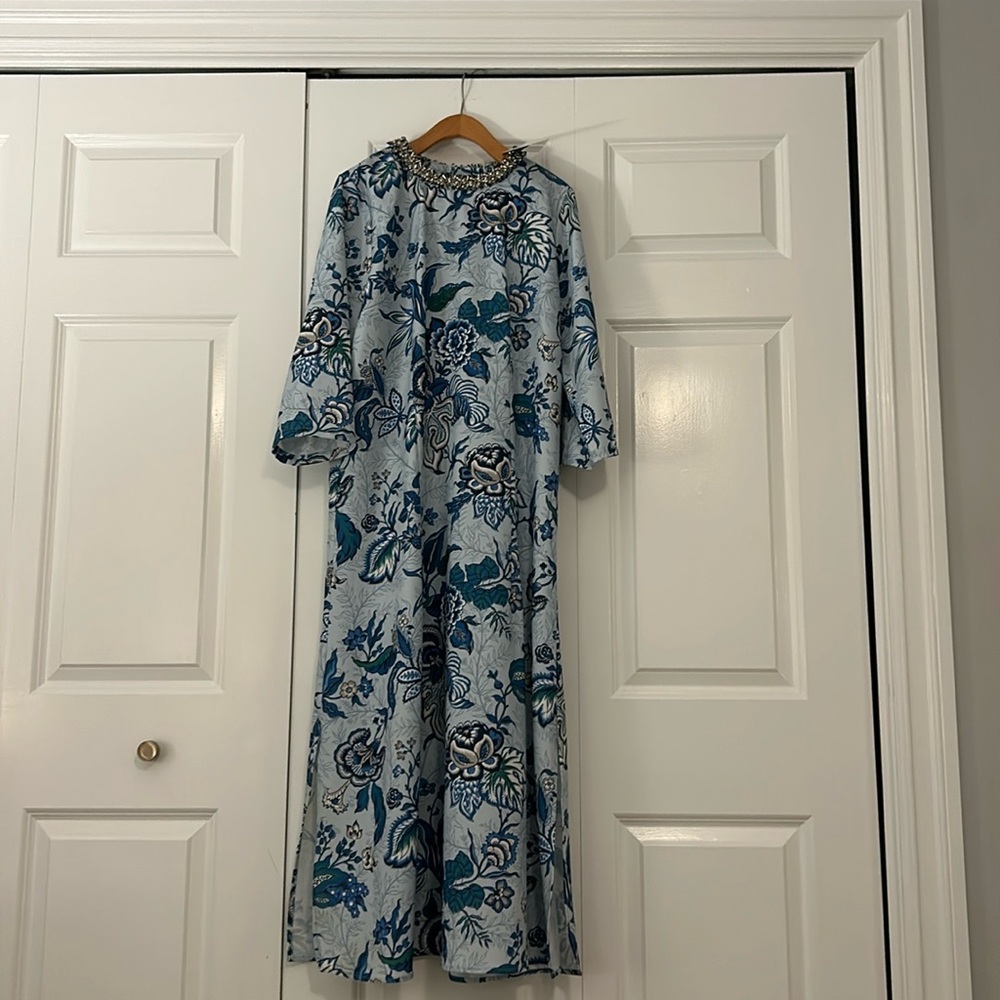 Blue long dress flower design high neck wedding prom summer homecoming formal